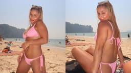 Flávia Saraiva brilha de biquíni rosa na praia do RJ