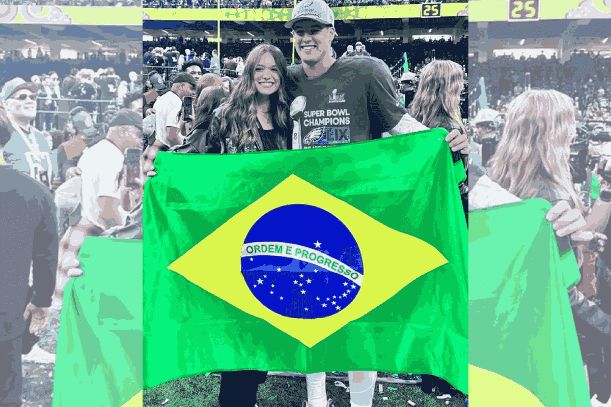 Quarterback Tanner Mckee exibe bandeira do Brasil no Super Bowl