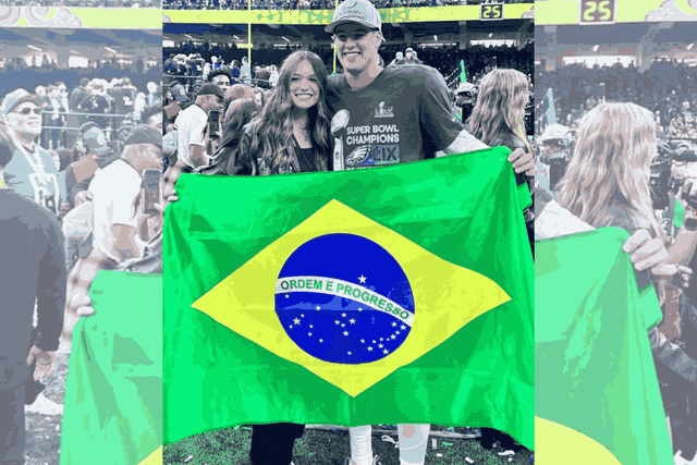 Quarterback Tanner Mckee exibe bandeira do Brasil no Super Bowl