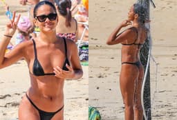 Bella Campos aproveita dia de praia e exibe tatuagens