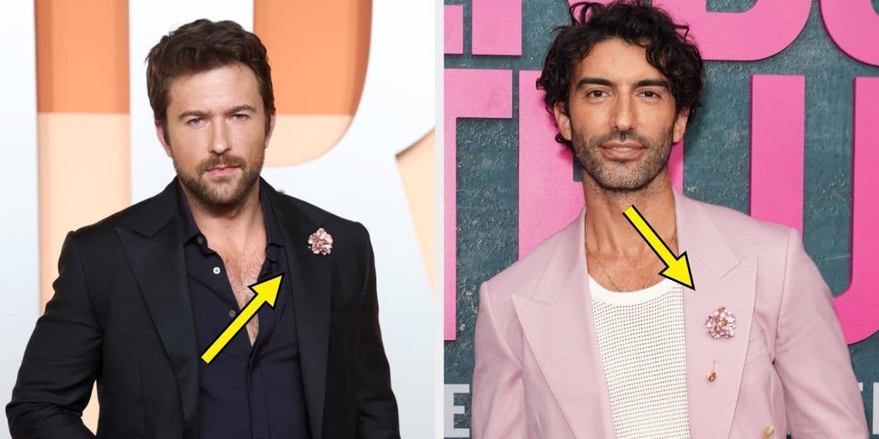 Brandon Sklenar e Justin Baldoni usam o mesmo broche