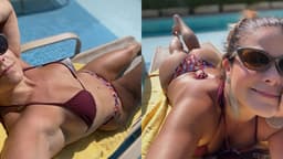 Samara Felippo se bronzeia na piscina da mãe